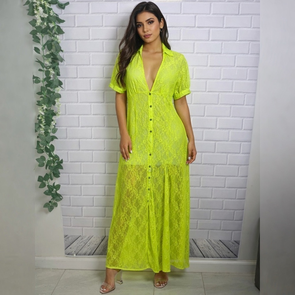 Urban Outfitters Neon Yellow Lace Button-Down Maxi Dress Size SP summer festival